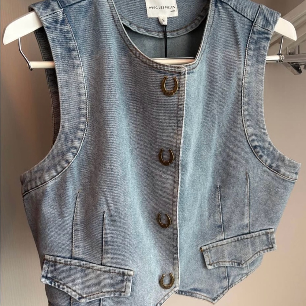 Avec Les Filles Washed Blue Denim Vest with Horseshoe Buttons